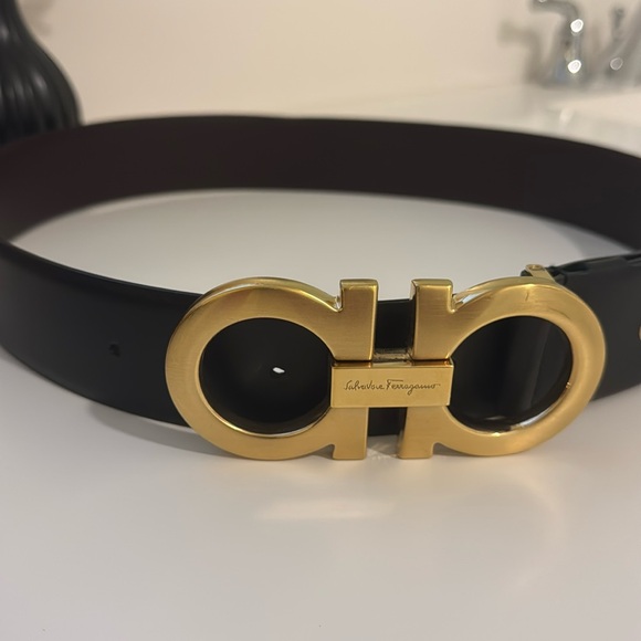 Ferragamo Belt Large Gold Buckle REVERSIBLE calfskin brown/black - Picture 1 of 2